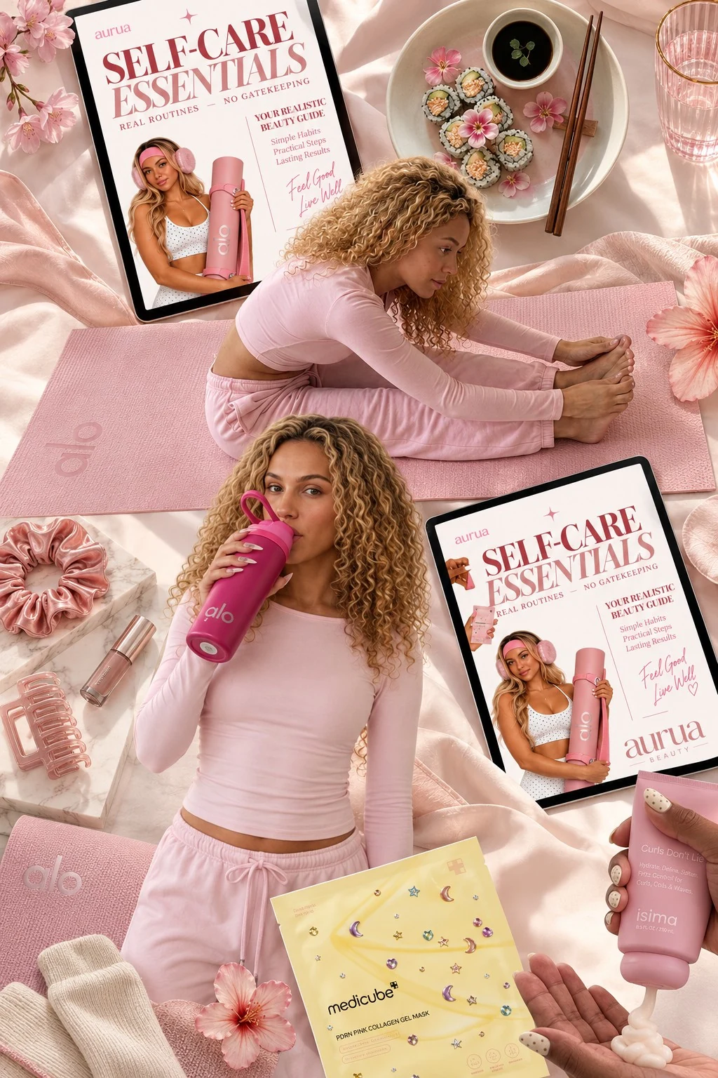 Aurua Beauty Self-Care Essentials editorial lifestyle collage with movement, hydration, skincare and digital beauty guide
