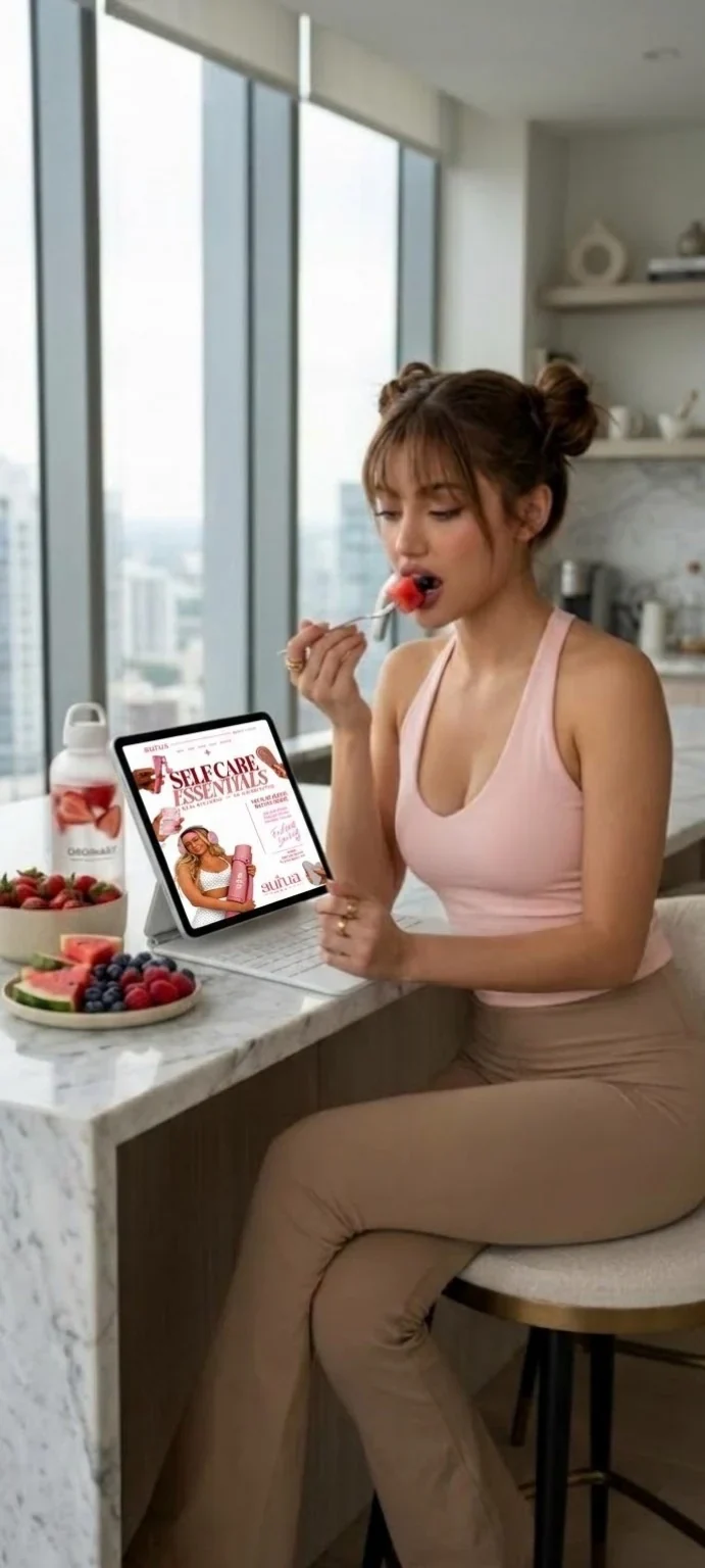 Lifestyle image of a woman enjoying fruit beside a tablet displaying the Self-Care Essentials guide