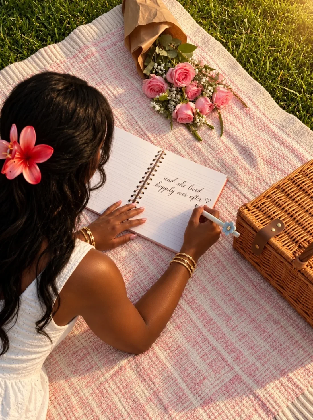 Woman writing in a journal on a pink picnic blanket beside flowers